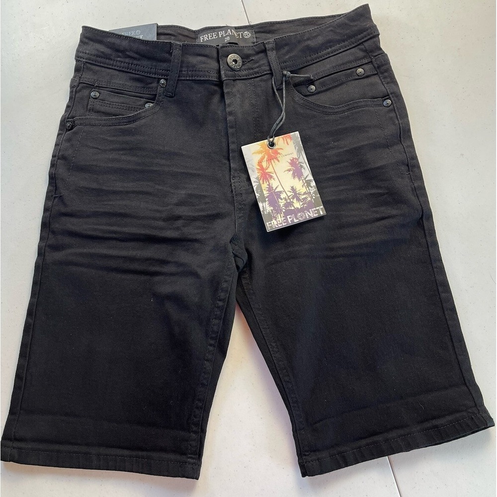 Free Planet Men's Black Denim Stretch Slim Fit Bermuda Shorts Size 28